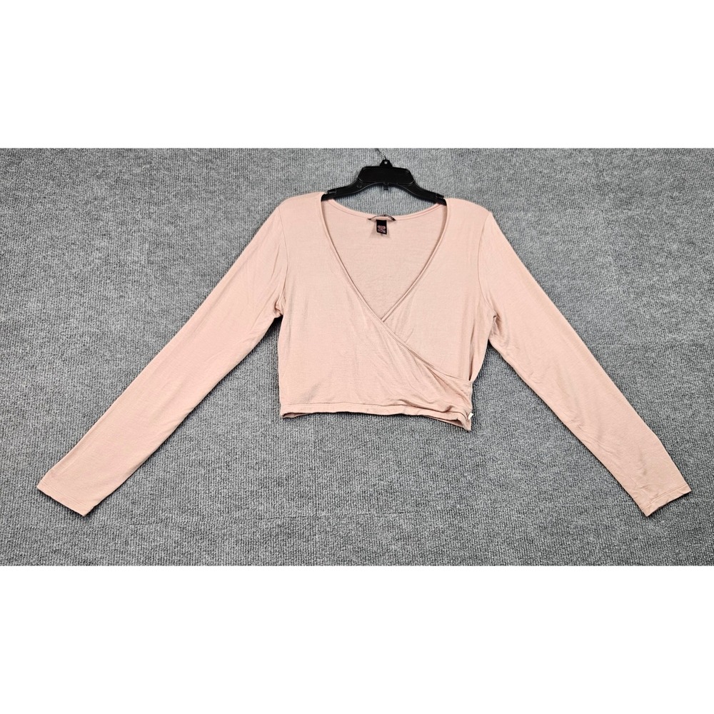 Victorias Secret Womens Large Peach Pink Ribbed Long Sleeve Wrap Crop Top V Logo